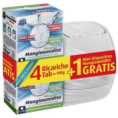 AIR MAX Ricariche Tab Neutre 4x100g + 1 Mini Dispositivo Mangiaumidità GRATIS