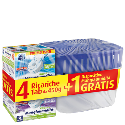 AIR MAX Ricariche Tab miste 4x450g + 1 Dispositivo Mangiaumidità GRATIS